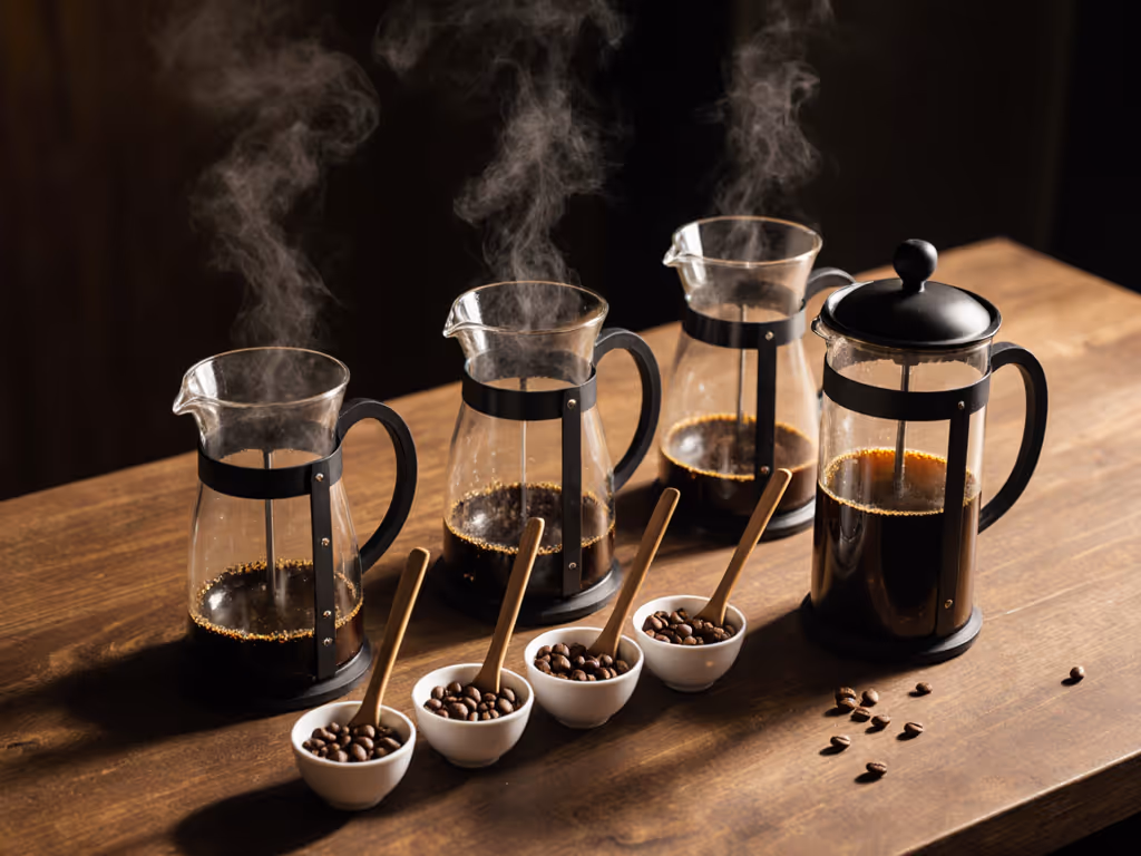 coffee_cupping_table_next_to_three_french_presses_highlighting_origin_comparison