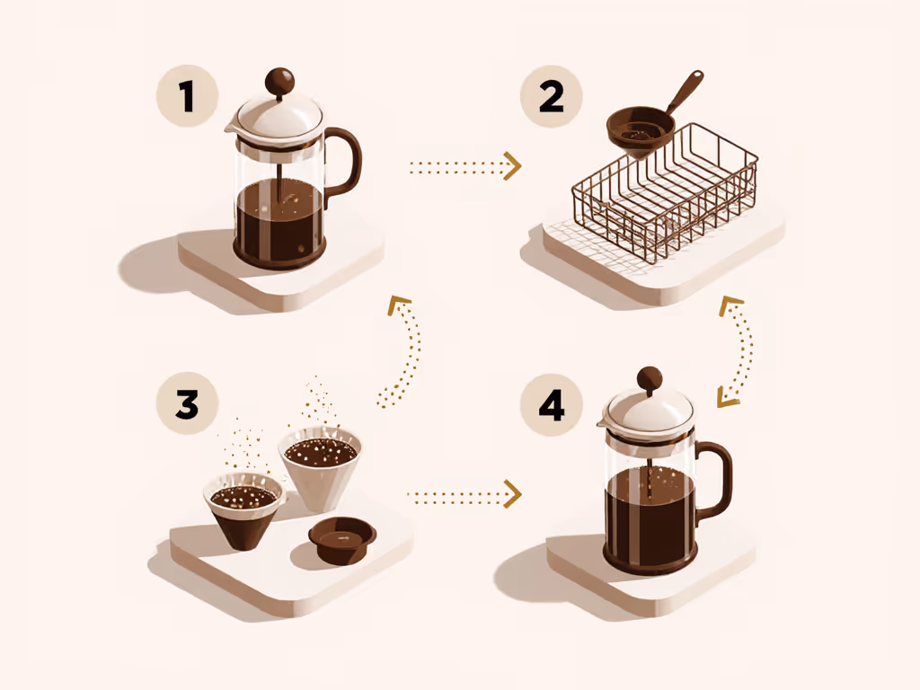 french_press_cleanup_workflow_diagram_showing_4_timed_steps