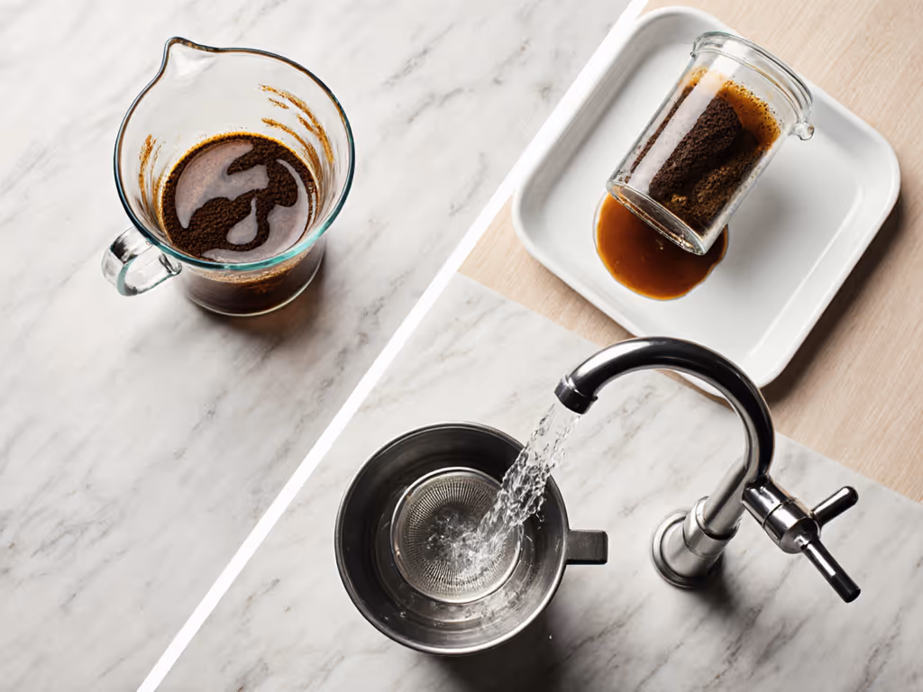 french_press_cleanup_sequence_swirling_grounds_dumping_paste_rinsing_filter