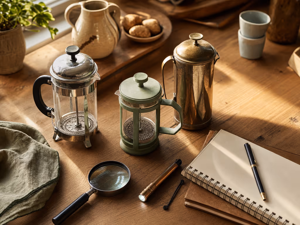 thrifted_french_press_inspection_on_kitchen_counter